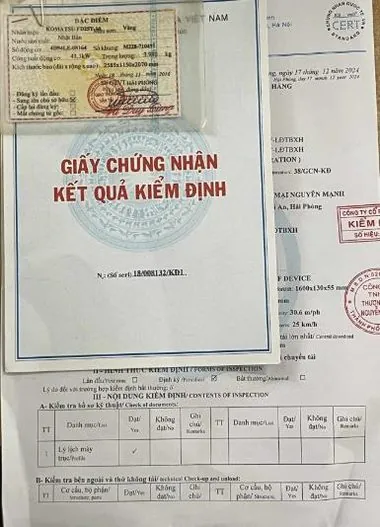 Giấy chứng nhận kết quả kiểm định thiết bị nâng